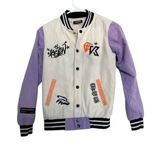 KREW District Varsity Jacket Lilac Sleeves Graffiti Patches Youth L Y2K